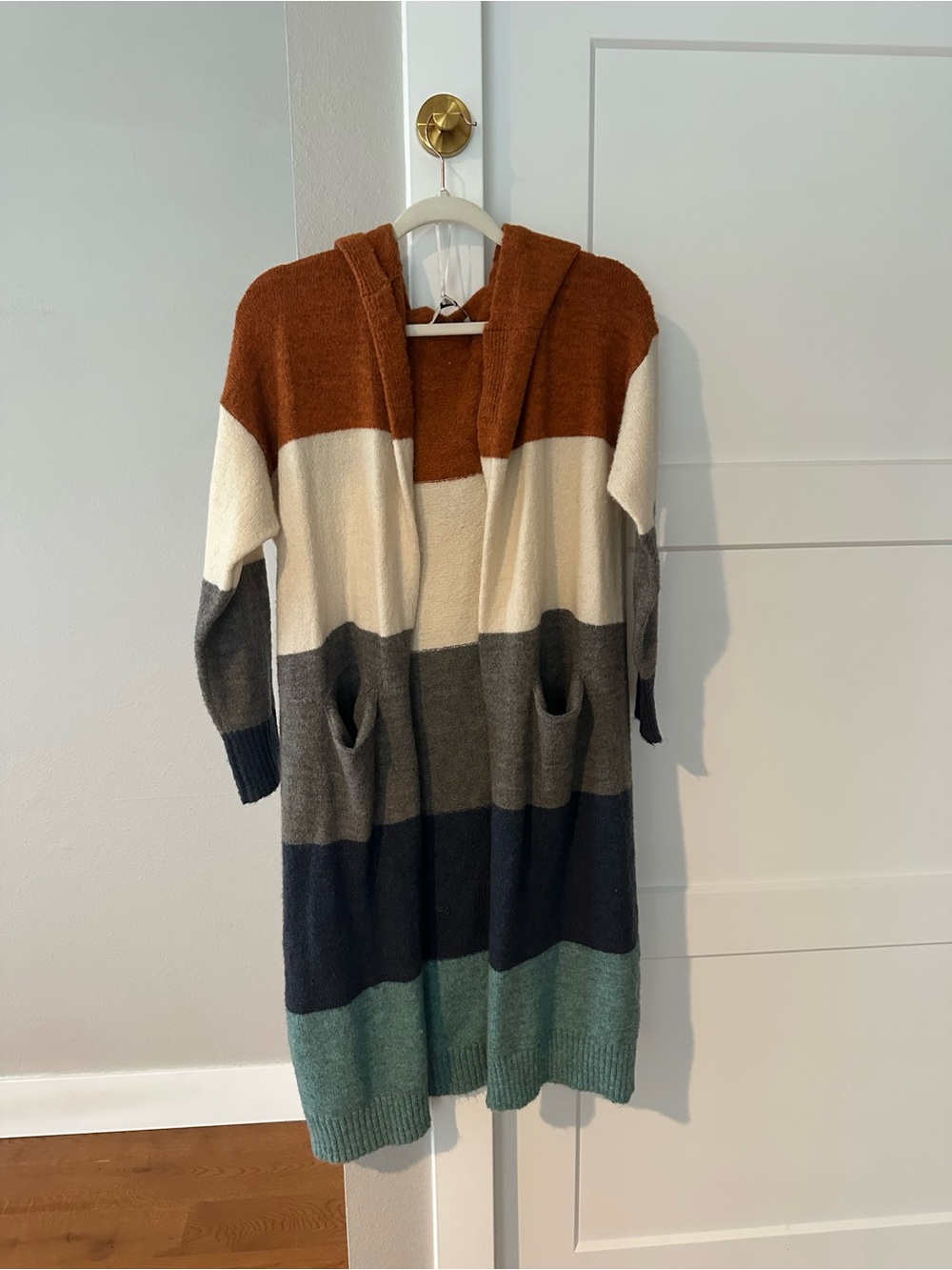 DAVI & DANI Hooded Striped Long Cardigan - Rust, Cream, Gray, Navy & Teal